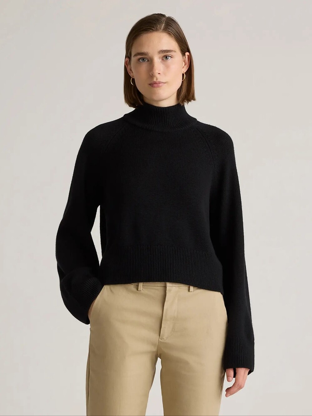 Quince Australian Merino Wool Classic Black Mock Cropped Sweater Size M NWT